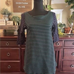 Anthropologie 9-H15 STCL Blue Green Striped Women's Tunic with Lace Sleeves